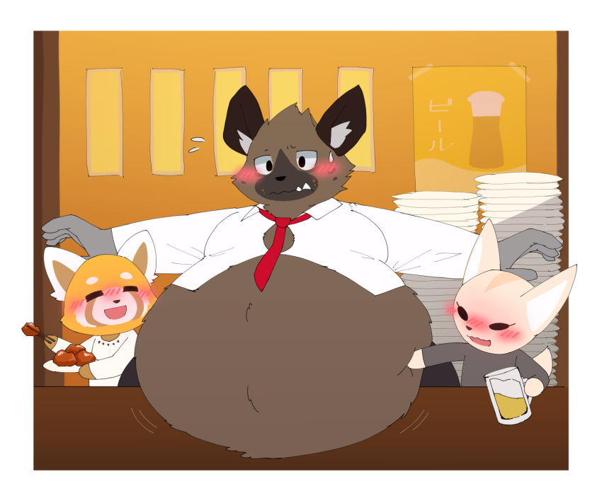 2020 aggretsuko ailurid alcohol anthro beer belly_play beverage blush bodily_fluids brown_body brown_fur canid canine clothing embarrassed female fennec fenneko fox fur group haida_(aggretsuko) hi_res hyena male mammal moobs obese obese_male orange_body orange_fur overweight overweight_male public red_panda retsuko sanrio substance_intoxication sweat sweatdrop taka_fin9623 tan_body tan_fur trio wardrobe_malfunction