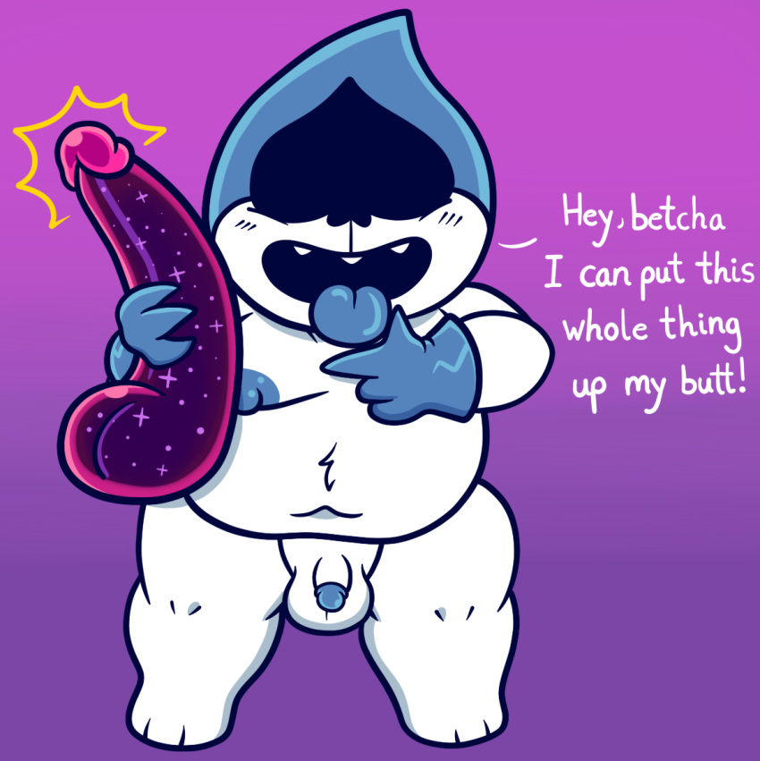 2022 balls belly blue_clothing blue_glans blue_gloves blue_handwear blue_nipples blue_tongue blush clothing darkner deltarune dialogue dildo english_text front_view genitals glans gloves handwear holding_dildo holding_object holding_sex_toy humanoid humanoid_dildo humanoid_genitalia humanoid_penis lancer_(deltarune) looking_at_viewer male mostly_nude nipples not_furry open_mouth open_smile penis penis_dildo purple_background sex_toy simple_background sinribbons smile solo spades_(suit) standing suit_symbol talking_to_viewer teeth text tongue tongue_out undertale_(series) white_balls white_body white_penis