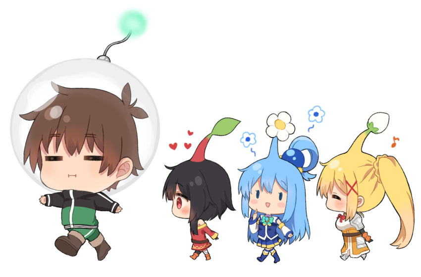 1boy 3girls :i =_= aqua_(konosuba) black_hair blonde_hair blue_hair blush_stickers brown_hair chibi darkness_(konosuba) flower hair_ornament helmet highres jacket kono_subarashii_sekai_ni_shukufuku_wo! megumin multiple_girls pikmin_(series) ponytail red_eyes satou_kazuma space_helmet track_jacket white_background x_hair_ornament yuno_(suke_yuno) |_|