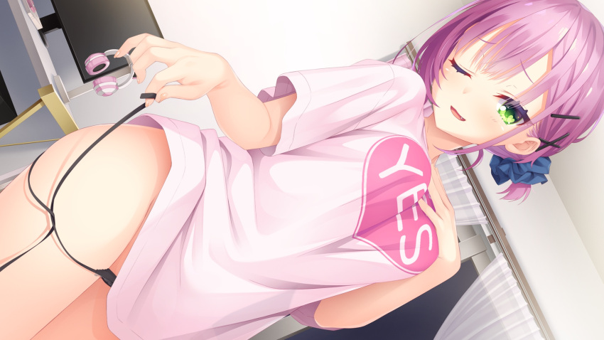 1girl black_panties blush breast_suppress clothes_writing dutch_angle fang game_cg green_eyes hair_ornament hair_scrunchie hairclip headphones heart heart_print highres indoors looking_at_viewer monitor muririn official_art one_eye_closed open_mouth panties photoshop_(medium) pink_hair pink_shirt scrunchie shirt short_hair short_sleeves side-tie_panties solo string_panties tanikaze_amane tenshi_souzou underwear untied untied_panties window x_hair_ornament
