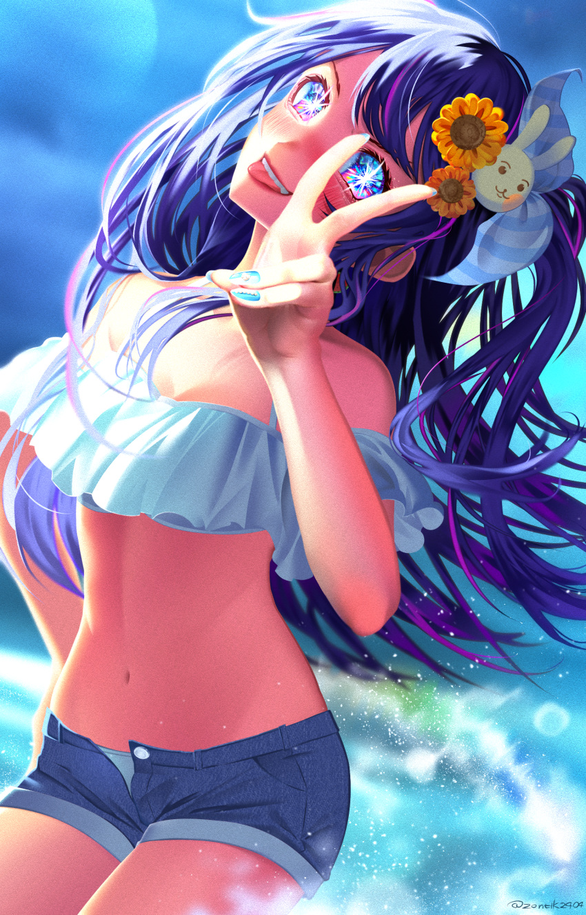 1girl absurdres bare_shoulders bikini bikini_under_shorts blue_eyes blush commentary_request denim denim_shorts flower frilled_bikini frills hair_flower hair_ornament highres hoshino_ai_(oshi_no_ko) long_hair multicolored_eyes navel one_side_up oshi_no_ko partial_commentary pink_eyes purple_hair rabbit_hair_ornament shorts sidelocks solo star-shaped_pupils star_(symbol) swept_bangs swimsuit symbol-shaped_pupils teeth tongue tongue_out twitter_username v_over_eye white_bikini zontik2404