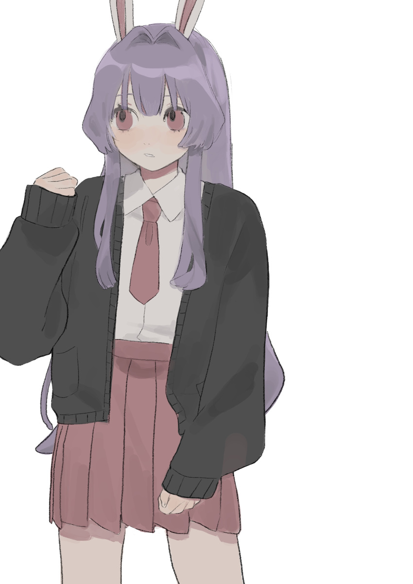 1girl absurdres animal_ears black_sweater blunt_bangs eyebrows_hidden_by_hair gotagotay hair_intakes hand_up highres light_blush long_hair looking_to_the_side necktie nostrils parted_lips pink_skirt pleated_skirt purple_eyes purple_hair rabbit_ears red_necktie reisen_udongein_inaba shirt sidelocks simple_background skirt sleeves_past_wrists solo sweater touhou very_long_hair white_background white_shirt wing_collar