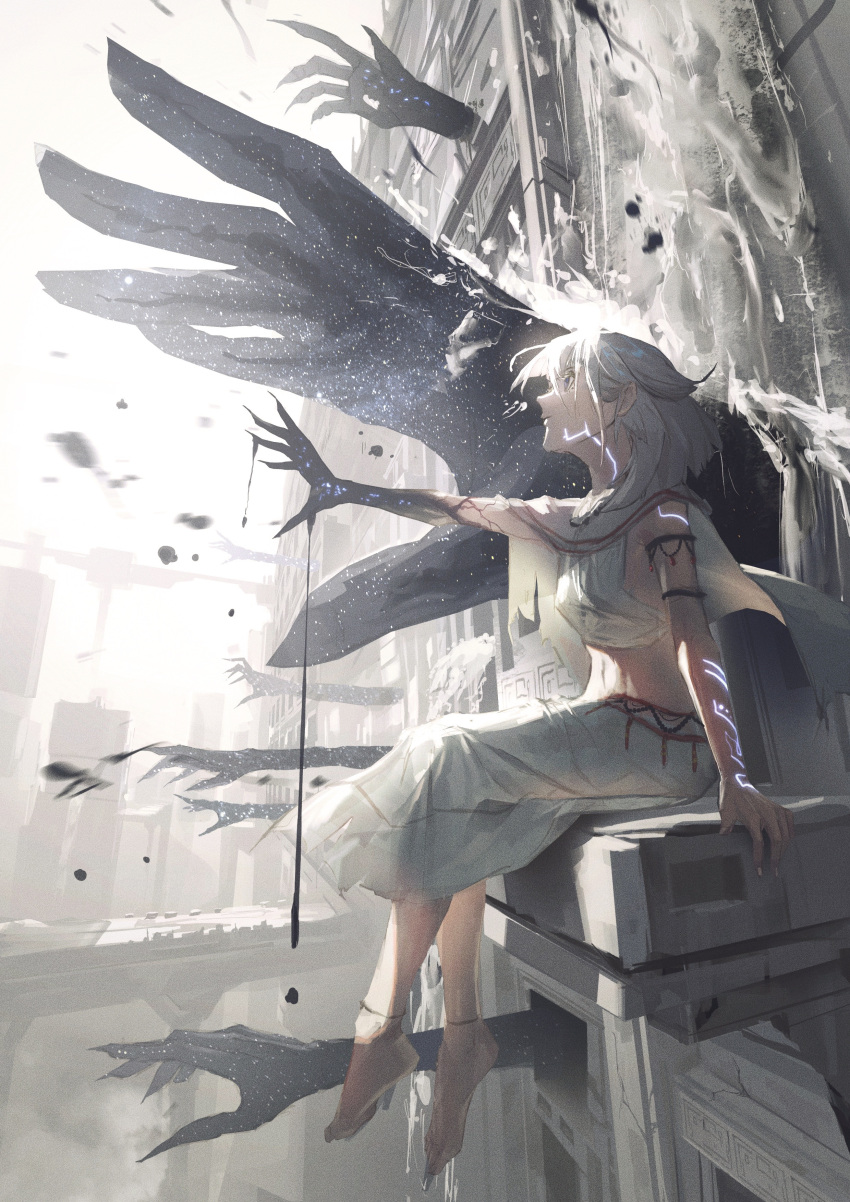 1girl absurdres body_markings bridge building capelet dripping full_body highres ink medium_hair midriff neg_(101neg) original outdoors outstretched_arm sitting skirt solo white_capelet white_hair white_skirt