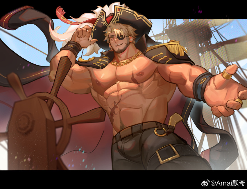 1boy abs absurdres amaimochi bara bara_pirate bare_pectorals beard_stubble beckoning biceps blonde_hair bulge coat coat_on_shoulders commission eyepatch floating_cape hat highres large_belt large_pectorals leather leather_pants leg_belt looking_at_viewer male_focus mature_male muscular muscular_male navel navel_hair nipples original outstretched_hand pants pectorals pirate pirate_hat reaching reaching_towards_viewer red_eyes sailing_ship sanpaku scar scar_on_arm scar_on_chest scar_on_stomach seductive_smile short_hair smile solo steering_wheel stomach strongman_waist thick_eyebrows wind