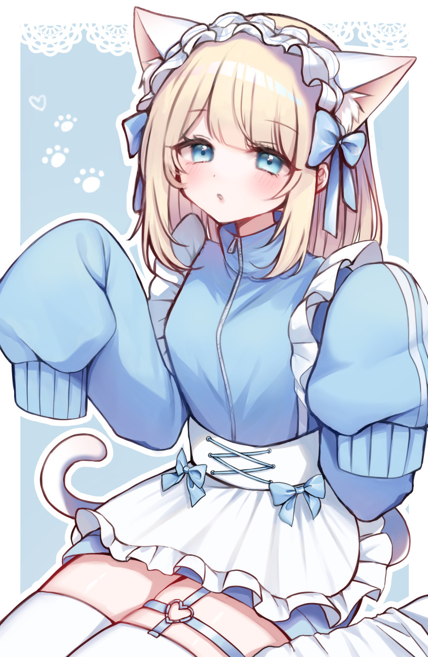 1girl absurdres animal_ears apron blonde_hair blue_background blue_bow blue_eyes blue_track_suit blush border bow cat_ears cat_girl cat_tail extra_eyes garter_straps highres jacket jersey_maid maid maid_headdress original paw_print sleeves_past_fingers sleeves_past_wrists tail thick_thighs thighhighs thighs track_jacket track_suit unconventional_maid white_apron white_border white_headwear white_thighhighs yukki_0125