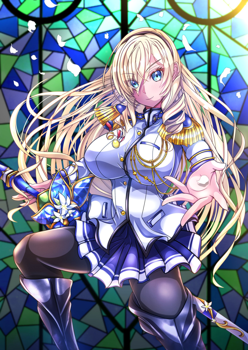 1girl absurdres aiguillette armored_boots black_pantyhose blonde_hair blue_eyes blue_hairband blue_skirt boots breasts celia_kumani_entory drill_hair epaulettes f02rozen hairband highres holding holding_sword holding_weapon large_breasts long_hair looking_at_viewer military_uniform pantyhose pleated_skirt skirt smile solo stained_glass sword uniform very_long_hair walkure_romanze weapon
