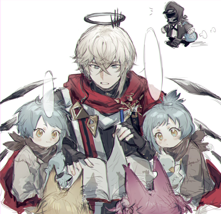 absurdres animal_ears arknights black_gloves black_jacket black_pants black_shirt black_wings blonde_hair book brown_eyes character_request closed_mouth commentary_request detached_wings doctor_(arknights) executor_(arknights) fingerless_gloves fox_ears gloves grey_eyes grey_hair hair_between_eyes halo highres hood hood_up hooded_jacket jacket naclclcl notched_ear open_book pants parted_lips purple_hair shamare_(arknights) shirt simple_background smile vermeil_(arknights) walking white_background white_shirt wings