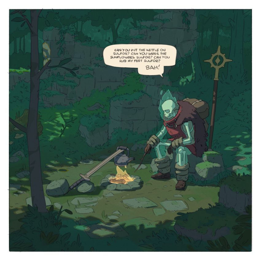 ambiguous_gender animated_skeleton anthro bone clothing comic english_text fire forest hi_res melee_weapon outside plant saintmonstre skeleton solo sulfor_the_terrible_(saintmonstre) sword teapot text tree undead weapon