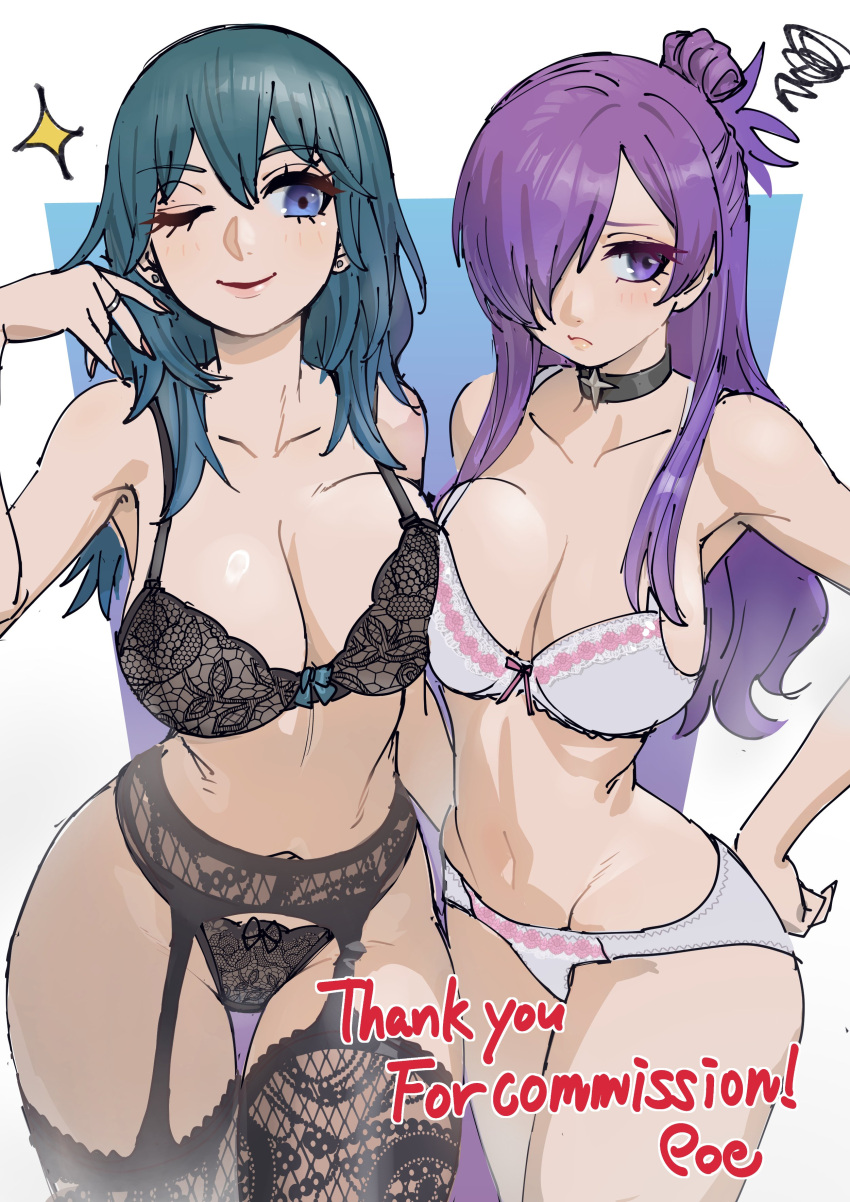 2girls absurdres black_panties bra breasts byleth_(female)_(fire_emblem) byleth_(fire_emblem) fire_emblem fire_emblem:_three_houses fire_emblem_warriors:_three_hopes garter_straps hair_bun hair_over_one_eye highres lingerie multiple_girls navel one_eye_closed panties poechan_chan purple_eyes purple_hair shez_(female)_(fire_emblem) shez_(fire_emblem) single_hair_bun smile stomach underwear white_panties