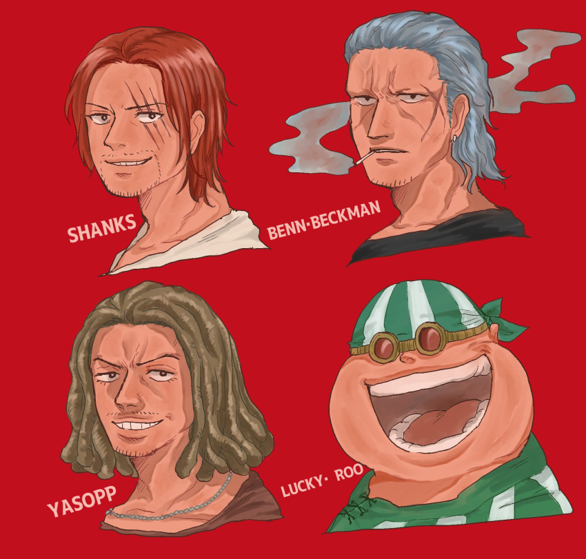 4boys bandana benn_beckman brown_hair character_name cigarette dreadlocks earrings goggles grey_hair highres jewelry looking_at_viewer lucky_roux medium_hair multiple_boys necklace one_piece open_mouth ram3988 red_background red_hair scar scar_across_eye scar_on_face shanks_(one_piece) short_hair simple_background smile smoke smoking teeth yasopp