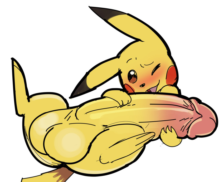 2020 big_penis blush digital_drawing_(artwork) digital_media_(artwork) erection feral generation_1_pokemon genitals hand_on_penis hyper lying male nintendo on_back one_eye_closed open_mouth penis pikachu pokemon pokemon_(species) simple_background solo solo_focus tail trooper036 wink yellow_body