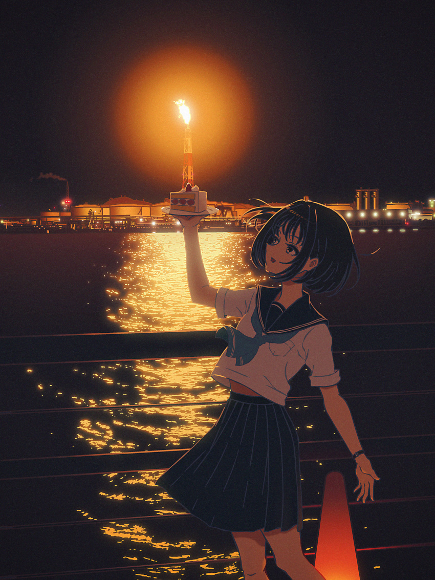 1girl amemori_sayo aqua_neckerchief arm_up aura bay black_hair black_sailor_collar black_skirt cake cake_slice commentary feet_out_of_frame film_grain fire flame flare_stack floating_hair food forced_perspective from_side highres holding holding_cake holding_food looking_at_object looking_up midriff_peek neckerchief night nijisanji nkymyura official_alternate_costume oil_refinery one_side_up open_mouth outdoors pleated_skirt railing reflection reflective_water sailor_collar scenery school_uniform serafuku short_hair short_sleeves sideways_mouth silo skirt smile solo standing summer_uniform traffic_cone virtual_youtuber watch water wristwatch