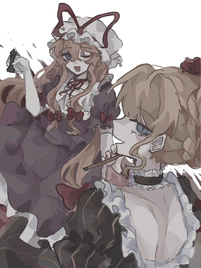 2girls backless_dress backless_outfit beatrice_(umineko) black_choker black_dress blonde_hair blue_eyes blush bow braid chess_piece chinese_commentary choker collar commentary_request dress elbow_gloves flower french_braid frilled_collar frilled_dress frills from_behind gloves hair_bow hair_bun hair_flower hair_ornament hat hat_ribbon highres holding holding_chess_piece holding_smoking_pipe long_hair looking_at_viewer looking_back lower_teeth_only mob_cap multiple_girls neck_ribbon one_eye_closed puffy_short_sleeves puffy_sleeves purple_dress purple_eyes red_bow red_ribbon ribbon shindiyue short_sleeves sidelocks smile smoking_pipe striped striped_dress teeth touhou umineko_no_naku_koro_ni vertical-striped_dress vertical_stripes very_long_hair white_gloves white_headwear yakumo_yukari