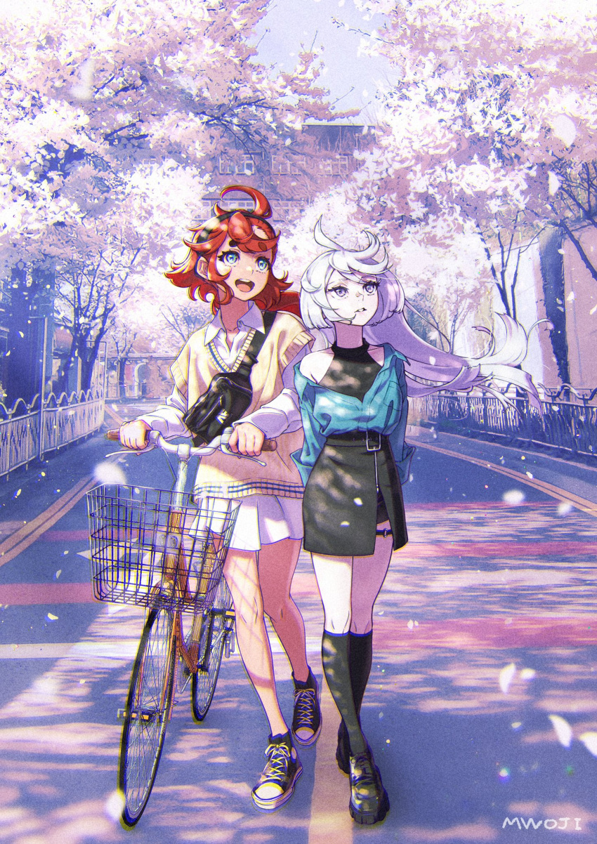 2girls ahoge alternate_costume anaheim_electronics arms_behind_back bag bicycle bicycle_basket black_dress black_footwear black_hairband black_socks blue_eyes blue_jacket brown_sweater_vest building casual cherry_blossoms collared_shirt commentary_request cropped_jacket day dress falling_petals floating_hair grey_eyes grey_hair ground_vehicle gundam gundam_suisei_no_majo hairband halter_dress halterneck highres jacket kneehighs korean_commentary long_sleeves looking_up miorine_rembran multiple_girls mwoji o-ring o-ring_thigh_strap off_shoulder open_mouth outdoors parted_lips petals railing red_hair road shirt shoes skirt sleeveless sleeveless_dress smile sneakers socks standing street suletta_mercury sweater_vest teeth thigh_strap tree upper_teeth_only white_shirt white_skirt