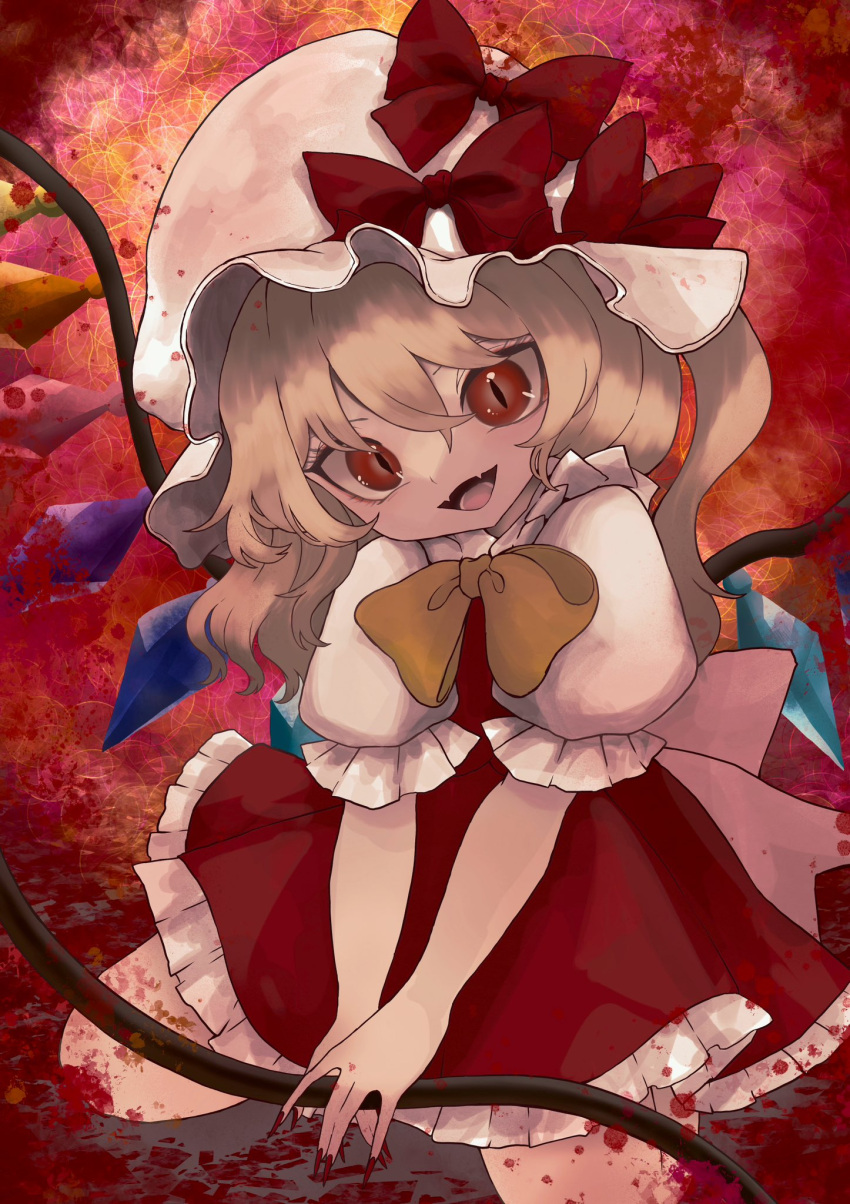 1girl blonde_hair blood crystal fangs fingernails flandre_scarlet frilled_sleeves frills hair_between_eyes hat highres long_fingernails long_hair mob_cap nail_polish one_side_up open_mouth puffy_short_sleeves puffy_sleeves red_eyes red_nails red_skirt red_vest sharp_fingernails shirt short_sleeves skin_fangs skirt slit_pupils smile solo touhou umebitan vest white_headwear white_shirt wings