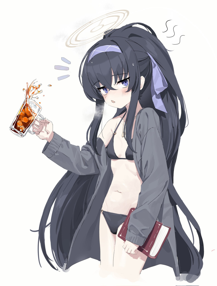 1girl 2t_(vmyz7342) bags_under_eyes bikini black_bikini black_hair blue_archive blue_eyes blue_hairband blush book breasts cardigan cowboy_shot cup drink drinking_glass grey_cardigan hairband halo heavy_breathing highres holding holding_book holding_cup ice ice_cube long_hair looking_at_viewer navel open_cardigan open_clothes ponytail simple_background small_breasts solo spilling sweat swimsuit ui_(blue_archive) ui_(swimsuit)_(blue_archive) very_long_hair white_background