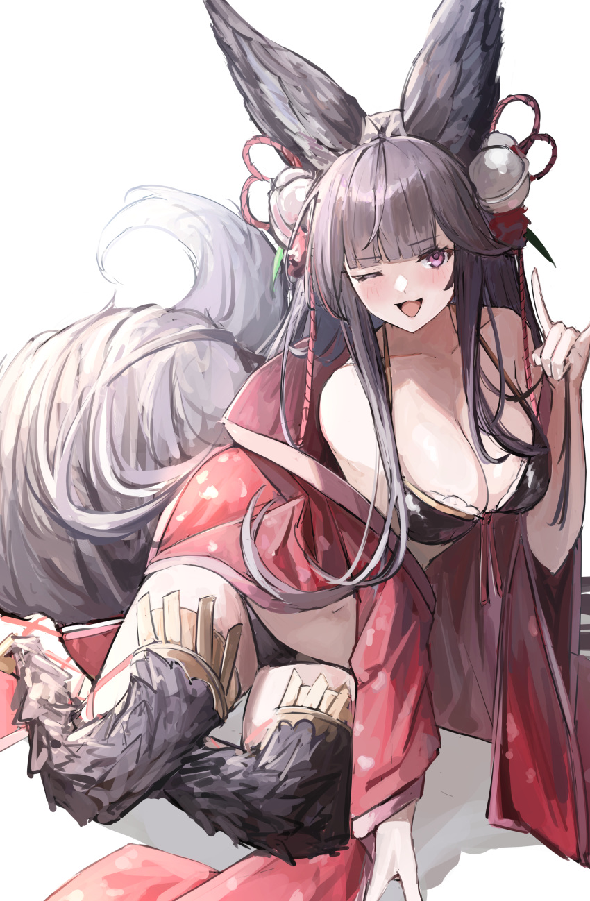 1girl absurdres animal_ears bare_shoulders bell black_bra black_hair black_panties blunt_bangs blush bra breasts cleavage fox_shadow_puppet fox_tail granblue_fantasy hair_bell hair_ornament highres japanese_clothes kimono long_hair looking_at_viewer navel one_eye_closed open_clothes open_kimono open_mouth panties red_eyes red_kimono shiro_wa_(shiroshironix) sitting smile solo tail thighhighs underwear white_background wide_sleeves yokozuwari yuel_(granblue_fantasy)