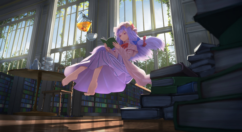 1girl absurdres barefoot book coat crescent crescent_hat_ornament cup dress floating hat hat_ornament highres library long_hair mob_cap patchouli_knowledge purple_eyes purple_hair reading ryosios solo striped striped_dress tea teacup touhou