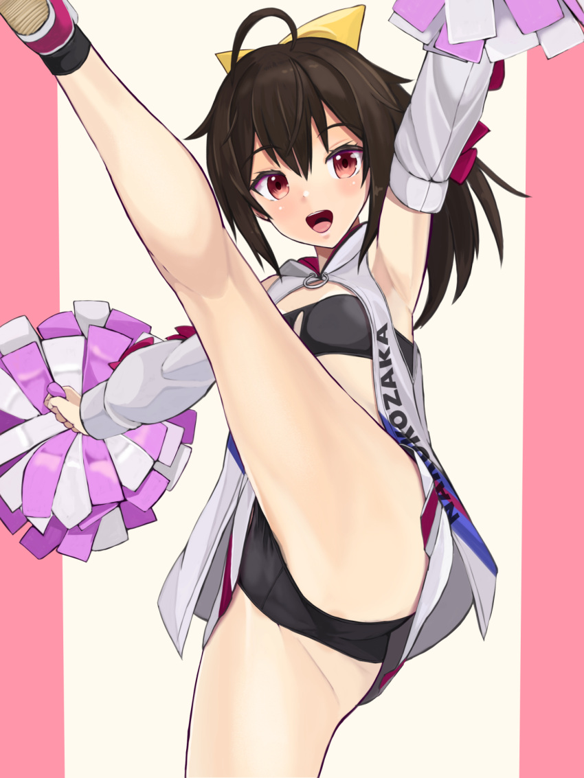 1girl alice_gear_aegis bandeau black_panties bow brown_hair cheerleader frame_arms_girl gennai_ao hair_bow highres open_mouth panda_sasasa panties pom_pom_(cheerleading) red_eyes solo underwear upskirt white_bandeau yellow_bow