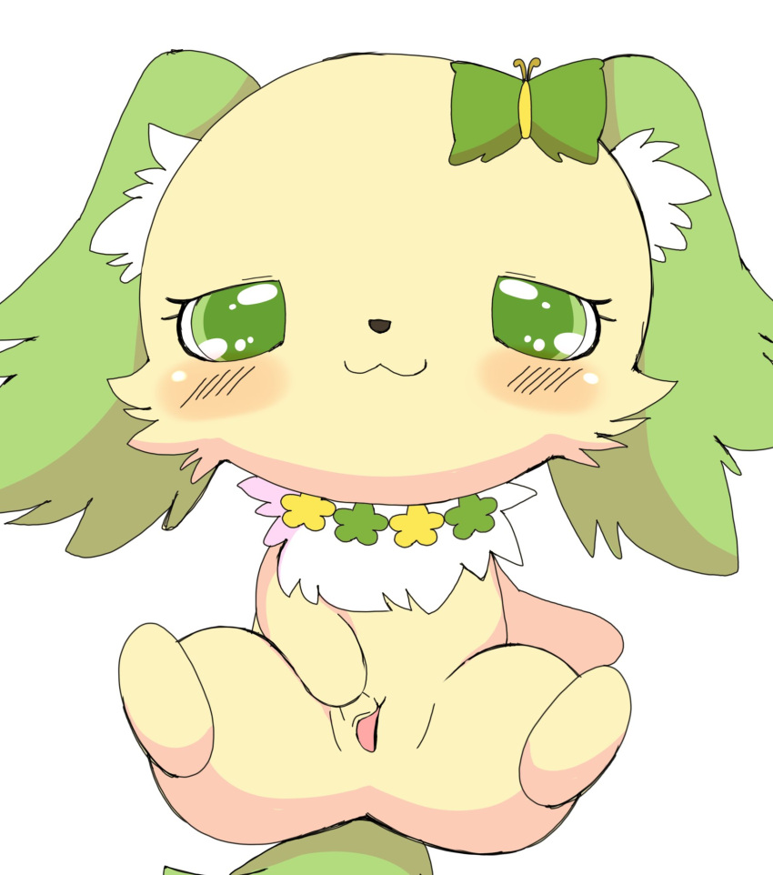 2023 accessory anthro azuo bedroom_eyes blush canid canine canis domestic_dog female fur genitals green_body green_eyes green_fur hair_accessory hi_res jewelpet mammal narrowed_eyes peridot_(jewelpet) presenting presenting_pussy pussy sanrio seductive simple_background solo spread_pussy spreading white_background yellow_body yellow_fur