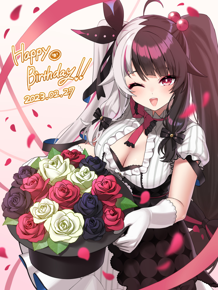 1girl 2023 absurdres black_flower black_hair black_rose black_skirt bouquet cleavage_cutout clothing_cutout dated flower happy_birthday highres long_hair multicolored_background multicolored_hair nijisanji one_eye_closed pink_background pink_eyes pink_hair red_flower red_rose rose shirt short_sleeves skirt solo split-color_hair twintails virtual_youtuber white_background white_hair white_shirt yagi_(ningen) yellow_flower yellow_rose yorumi_rena