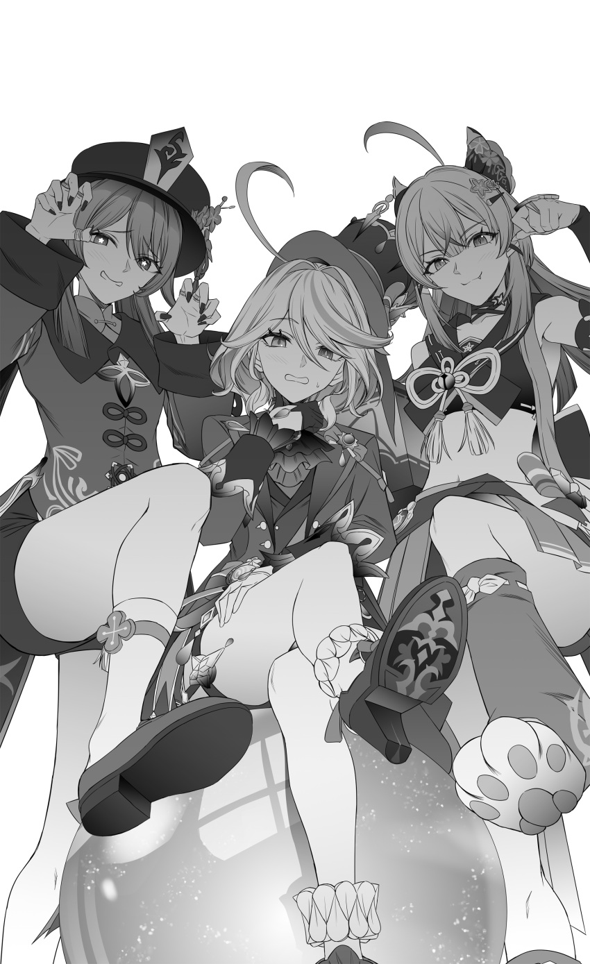 3girls absurdres ahoge blush closed_mouth fang fingernails furina_(genshin_impact) genshin_impact gloves greyscale hair_between_eyes hand_on_own_leg hat highres hu_tao_(genshin_impact) jacket kirara_(genshin_impact) leg_up long_hair looking_at_viewer monochrome multicolored_hair multiple_girls sidelocks simple_background sitting smile standing streaked_hair sweatdrop takai_isshiki top_hat white_background