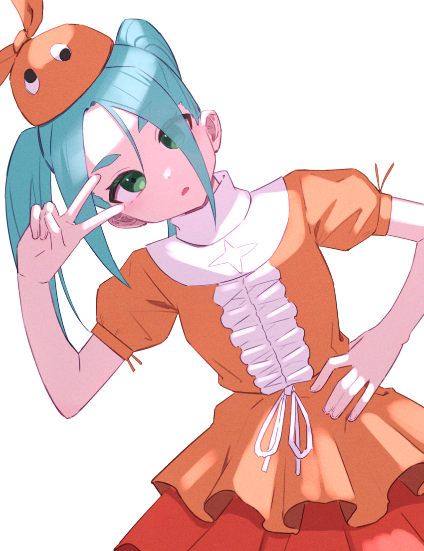 1girl aqua_hair dress googly_eyes green_eyes highres looking_at_viewer medium_hair monogatari_(series) nisemonogatari ononoki_yotsugi orange_dress orange_headwear parted_lips shimizu_tomoki short_eyebrows short_sleeves simple_background solo thick_eyebrows twintails upper_body v white_background