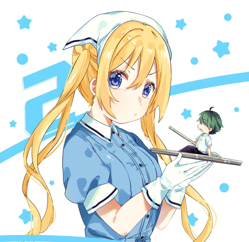 1boy 1girl ahoge akizuki_kouyou arm_support black_pants blend_s blue_eyes blue_shirt breasts buttons chibi circle closed_mouth collared_shirt commentary double-parted_bangs fork from_side gloves hair_between_eyes highres hinata_kaho holding holding_fork holding_tray long_hair looking_at_another looking_at_viewer low_twintails mini_person miniboy pants profile shirt short_sleeves sitting sitting_on_object small_breasts solo_focus star_(symbol) stile_uniform tray twintails two-tone_shirt uniform upper_body waitress white_background white_gloves white_headwear white_shirt yuzunobori_(mrs4869)