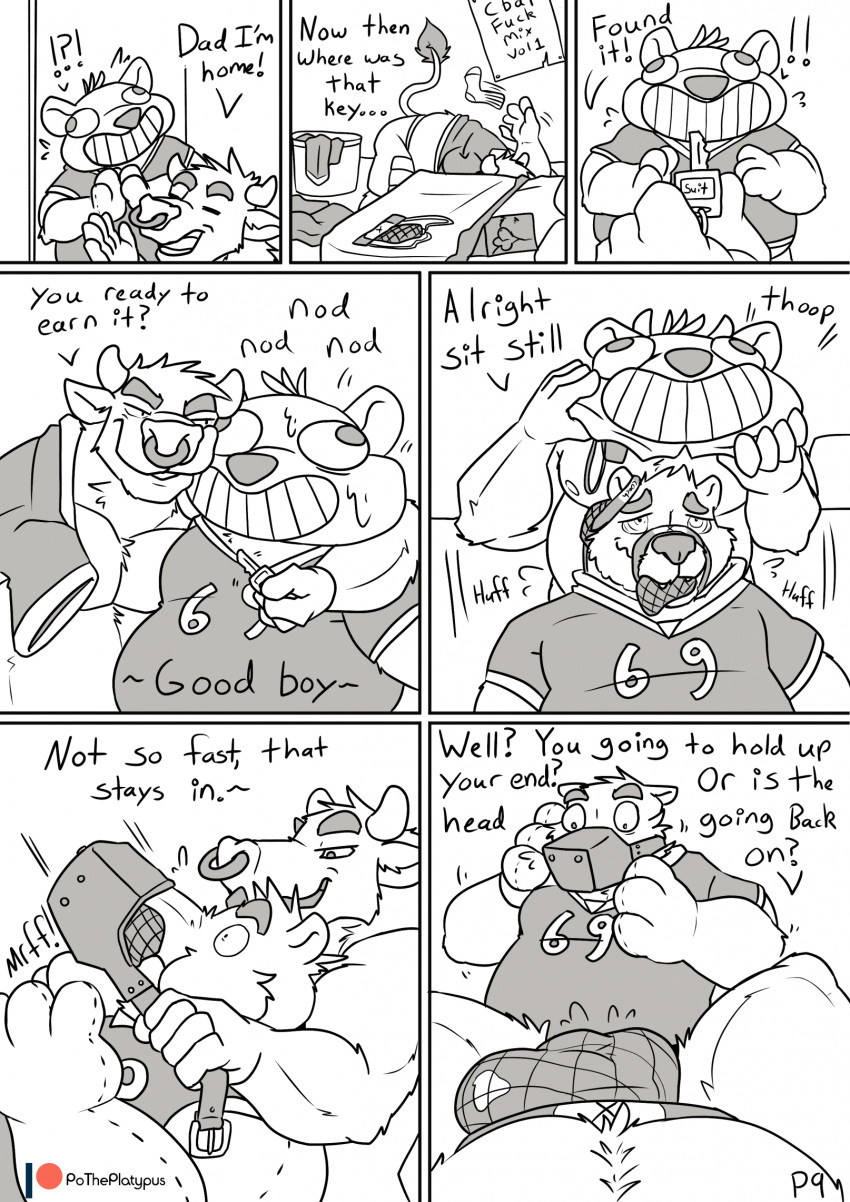 2023 69_position ?! anthro anthro_on_anthro bear bovid bovine cattle clothing comic dialogue dominant dominant_male duo english_text exclamation_point facial_piercing good_boy greyscale hi_res horn jersey jockstrap_in_mouth jockstrap_on_face key male male/male mammal mascot_costume monochrome muzzle_(object) nose_piercing nose_ring oral piercing plaguedobsession ring_piercing sex submissive submissive_male text underwear underwear_in_mouth