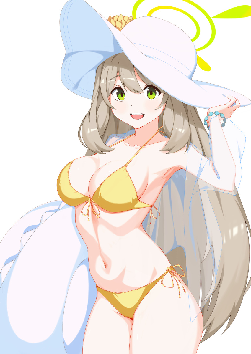 1girl absurdres bikini blue_archive breasts cleavage commentary_request cowboy_shot front-tie_bikini_top front-tie_top green_eyes green_halo halo halterneck hat hat_tug highres holding holding_innertube innertube large_breasts light_brown_hair long_hair looking_at_viewer navel nonomi_(blue_archive) nonomi_(swimsuit)_(blue_archive) official_alternate_costume open_mouth side-tie_bikini_bottom simple_background smile solo standing sun_hat swimsuit swimsuit_cover-up teeth tongue upper_teeth_only very_long_hair vneckstore white_background white_headwear white_innertube yellow_bikini