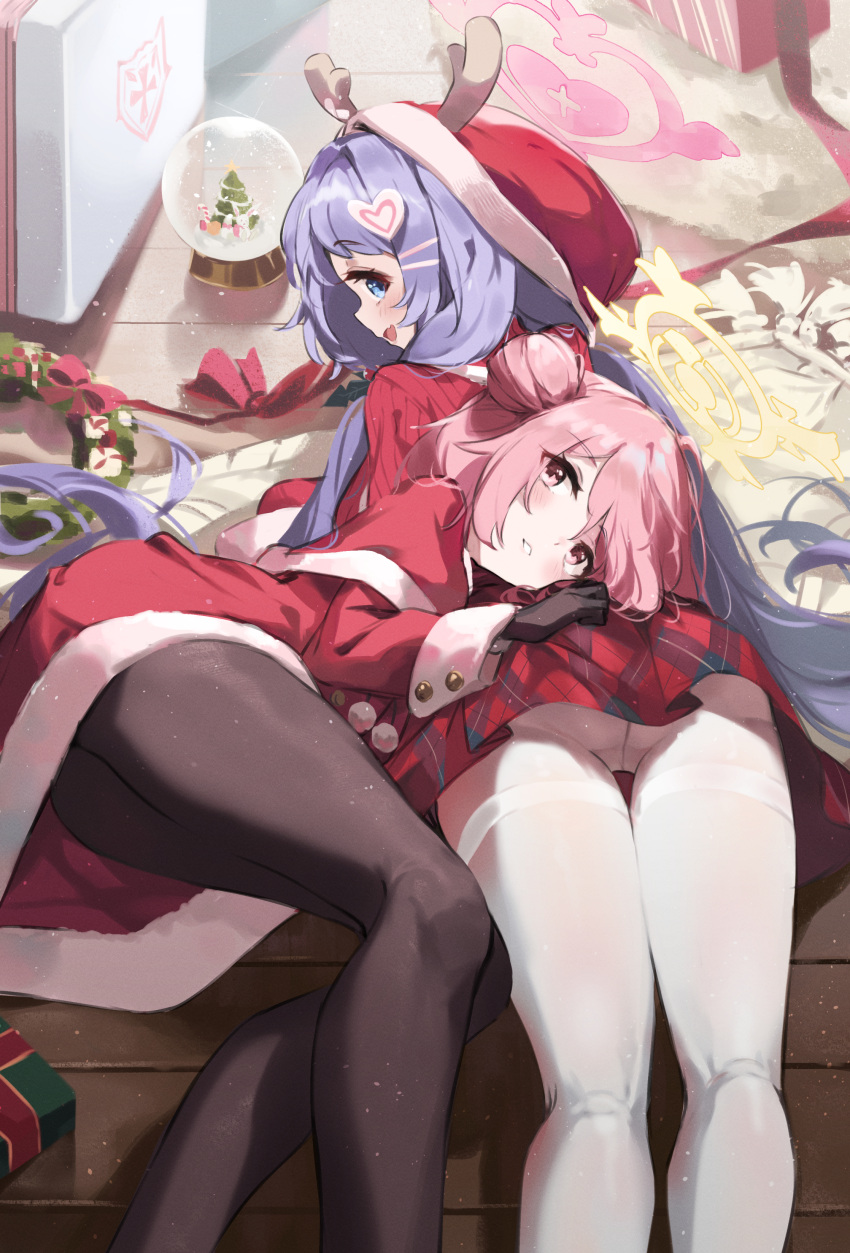 2girls absurdres ass black_pantyhose blue_archive blue_eyes christmas commentary_request dress fake_antlers hair_between_eyes hair_bun halo hanae_(blue_archive) hanae_(christmas)_(blue_archive) hat head_on_ass highres kneepits long_hair long_sleeves looking_at_viewer low_twintails lying lying_on_another miniskirt multiple_girls official_alternate_costume on_floor on_side on_stomach pantyhose pink_eyes pink_hair plaid plaid_skirt purple_hair red_dress red_sweater ribbed_sweater santa_costume santa_dress santa_hat serina_(blue_archive) serina_(christmas)_(blue_archive) short_dress sidelocks skirt sweater thighband_pantyhose timo_wei95 twintails white_pantyhose