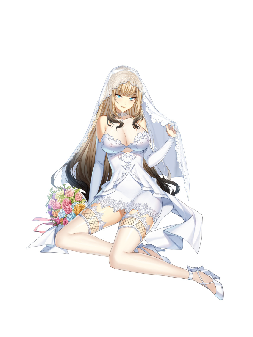 1girl ankle_bow aqua_rose bare_shoulders black_hair blonde_hair blue_eyes bouquet bow braid breasts bridal_gauntlets bridal_veil cleavage closers clothing_cutout dress flower french_braid full_body garter_straps gradient_hair hair_bow hand_up harpy_(closers) high_heels highres holding_veil lace-trimmed_dress lace-trimmed_thighhighs lace_trim large_breasts long_hair looking_at_viewer multicolored_hair official_art parted_lips pencil_dress pink_flower pink_rose ponytail purple_flower purple_rose rose see-through_cleavage short_dress sidelocks sitting sleeveless sleeveless_dress smile solo tachi-e thighhighs underboob_cutout v-shaped_eyebrows veil very_long_hair white_background white_bow white_bridal_gauntlets white_dress white_footwear white_thighhighs white_veil yellow_flower yellow_rose yokozuwari