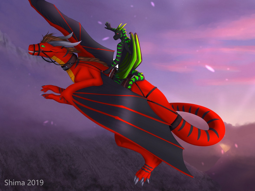 alphyron animal_humanoid anthro dragon dragon_humanoid duo feral flying from_behind_position humanoid male mount mounting rider riding scalie scalie_humanoid sex shevan_schwarzschuppe shima_laqi sunset