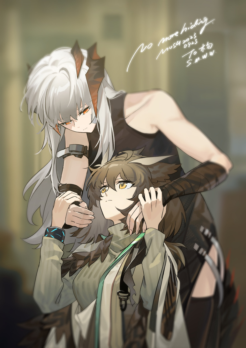 2girls arknights bird_girl black_shirt blurry blurry_background breasts brown_background brown_hair brown_sweater commentary_request demon_girl demon_horns english_text feather_hair grey_hair highres horns infection_monitor_(arknights) long_hair looking_at_another looking_down looking_up medium_breasts multiple_girls mush orange_eyes ribbed_sweater saria_(arknights) shirt short_hair silence_(arknights) silence_(frosted_breath)_(arknights) sleeveless sleeveless_shirt sweater yellow_eyes