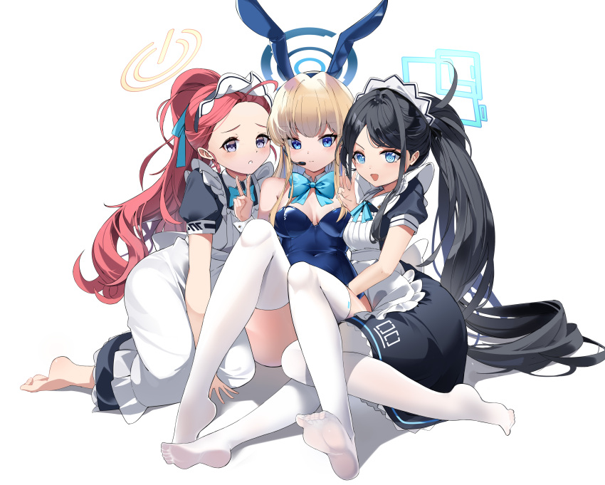 3girls absurdres animal_ears apron aris_(blue_archive) aris_(maid)_(blue_archive) black_dress black_hair blonde_hair blue_archive blue_bow blue_eyes blue_leotard bow bowtie breasts dress fake_animal_ears forehead frilled_apron frills halo highres leotard long_hair looking_at_viewer maid maid_apron maid_headdress medium_breasts multiple_girls official_alternate_costume open_mouth playboy_bunny pomegranate_nana ponytail puffy_short_sleeves puffy_sleeves rabbit_ears red_hair short_sleeves thighhighs toki_(blue_archive) toki_(bunny)_(blue_archive) very_long_hair white_apron white_background white_thighhighs yuzu_(blue_archive) yuzu_(maid)_(blue_archive)