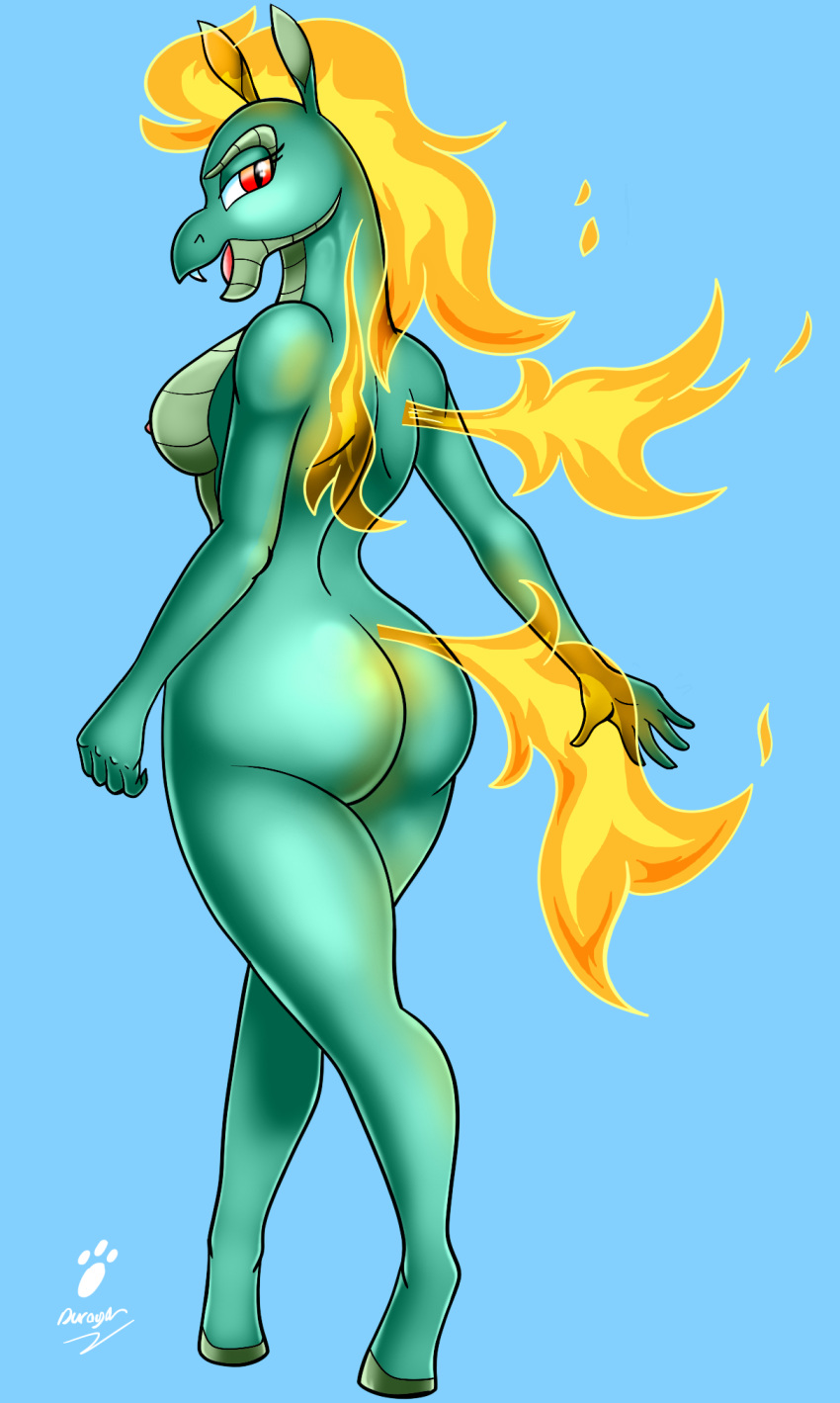 2023 5_fingers amber_eyes anthro anthrofied asian_mythology big_butt biped blue_background breasts butt butt_pose chinese_mythology cyan_background digital_drawing_(artwork) digital_media_(artwork) duragan east_asian_mythology eyelashes fangs female fingers fire flaming_hair flaming_mane flaming_tail flaming_wings full-length_portrait green_body green_scales green_skin hi_res hooves hybrid longma looking_at_viewer looking_back looking_back_at_viewer mythology nipples non-mammal_breasts nude open_mouth pinup portrait pose pseudo_hair pseudo_mane scales side_boob signature simple_background solo tail teeth them's_fightin'_herds tianhuo_(tfh) unguligrade_anthro walking wings