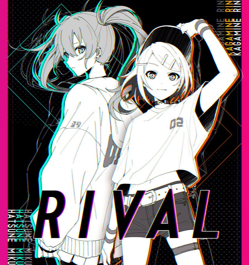 2girls absurdres arm_up baseball_cap belt bracelet choker greyscale_with_colored_background hat hatsune_miku highres hood hood_down hooded_jacket jacket jewelry kagamine_rin long_hair multiple_girls shirt short_hair shorts standing t-shirt taro14_tea thigh_strap twintails very_long_hair vocaloid