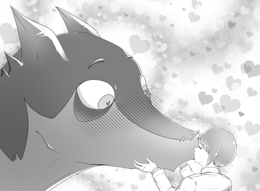 &lt;3 &lt;3_eyes absurd_res anthro blush dragon hand_on_face hi_res human interspecies kiss_on_lips kissing larger_anthro light_novel lumebento male male/male mammal monochrome official_art polymonfur_how_to_be_polyamorous_in_a_world_of_monsters_and_furries romantic romantic_ambiance size_difference smaller_human tapirclip