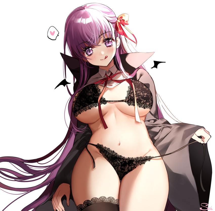 1girl :p artist_name bb_(fate) berrypop black_bra black_cape black_panties black_thighhighs blush bow bra breasts cape closed_mouth clothes_lift collared_shirt commentary dot_nose fate/extra fate/extra_ccc fate/grand_order fate_(series) fingernails groin hair_between_eyes hair_bow head_tilt heart highres lace lace-trimmed_thighhighs lace_bra lace_panties large_breasts linea_alba lingerie long_hair long_sleeves looking_at_viewer navel neck_ribbon panties purple_eyes purple_hair raised_eyebrows red_bow red_ribbon ribbon shirt shirt_lift side-tie_panties signature simple_background single_thighhigh sleeves_past_wrists smile solo spoken_heart stomach strap_pull thigh_gap thighhighs thighs tongue tongue_out underwear white_background white_shirt