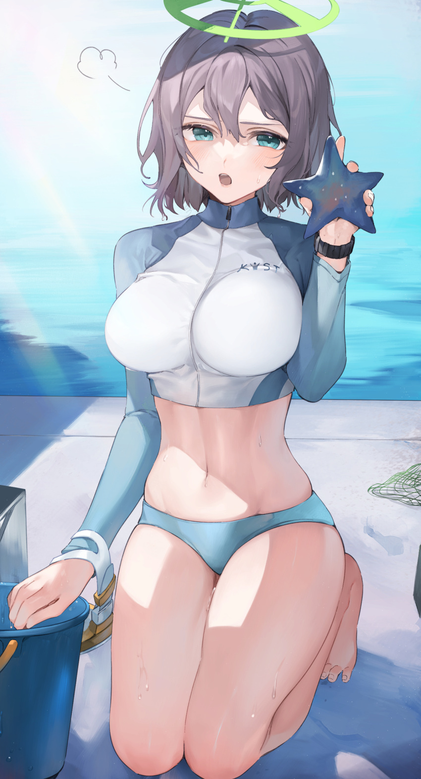 1girl =3 absurdres animal bikini blue_archive blue_bikini blush breasts bucket goggles_around_arm halo highres holding holding_animal kneeling koyo_akio large_breasts linea_alba long_sleeves looking_at_viewer navel official_alternate_costume outdoors purple_hair raglan_sleeves rash_guard saki_(blue_archive) saki_(swimsuit)_(blue_archive) solo starfish stomach sweatdrop swimsuit