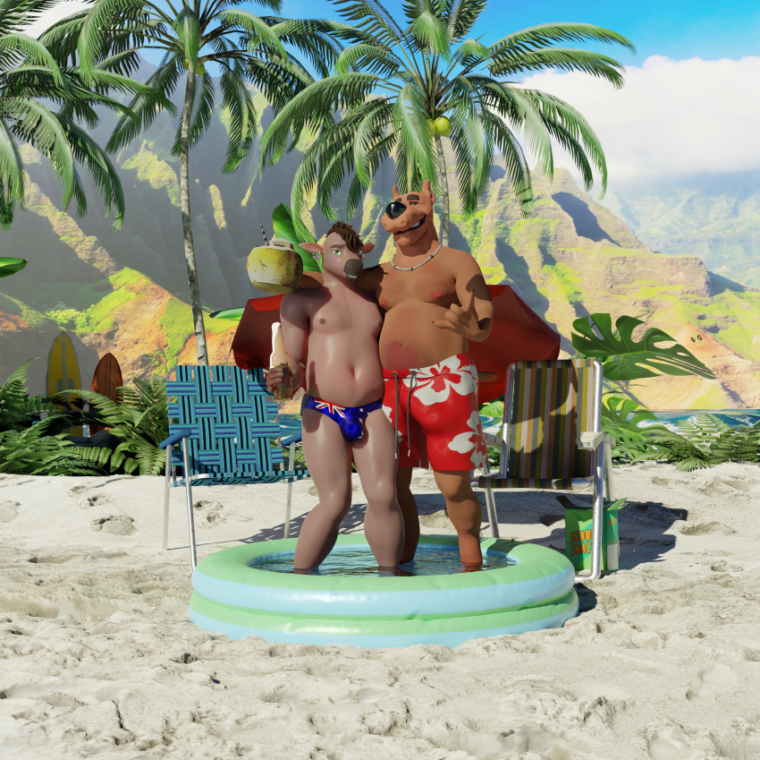absurd_res alcohol anthro aussie australian beach beach_chair beach_umbrella beer bellies_touching belly beverage blender_(software) blender_cycles bodhi_(lasersloth42) bovid bovine bulge bulge_size_difference canid canine canis cattle clothing coconut coconut_drink comic cover cover_art cover_page domestic_dog drupe_(fruit) duo ear_piercing ear_ring food fruit great_dane hanna-barbera hawaii hi_res island jewelry lasersloth42 lawn_chair male male/male mammal mastiff mohawk molosser monstera necklace palm_tree piercing plant pool ring_piercing scooby-doo scooby-doo_(series) scooby_snack seaside shy slightly_chubby smile speedo surfboard surfer swimming_pool swimwear touching_belly tree umbrella water