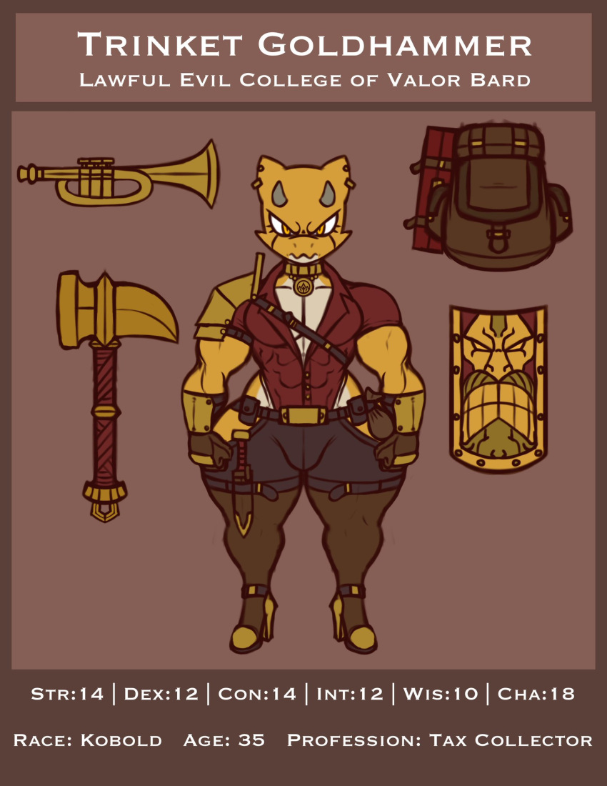 anthro armor bag belt boots brass_instrument bulge clothing footwear girly hi_res high_heels horn horned_humanoid humanoid jewelry kobold legwear male model_sheet muscular muscular_male musical_instrument red_clothing renzaku693 serious shield solo thick_thighs thigh_boots thigh_highs trinket_(nbusagi) trumpet weapon wide_hips wind_instrument yellow_body yellow_eyes