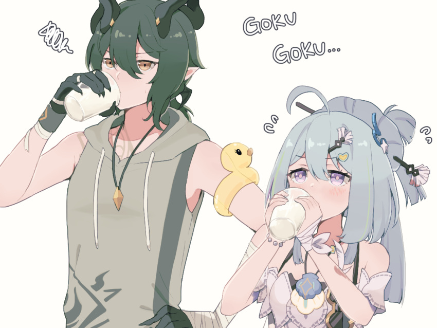 1boy 1girl arm_wrap blue_hair bracelet claws cup drinking gloves green_hair griseo hair_ornament hairpin holding holding_cup honkai_(series) honkai_impact_3rd hood hoodie horns inflatable_armbands jewelry kosma light_blue_hair milk necklace orange_eyes pearl_bracelet pointy_ears purple_eyes sleeveless sleeveless_hoodie tattoo ura_(hamburg_oniku)