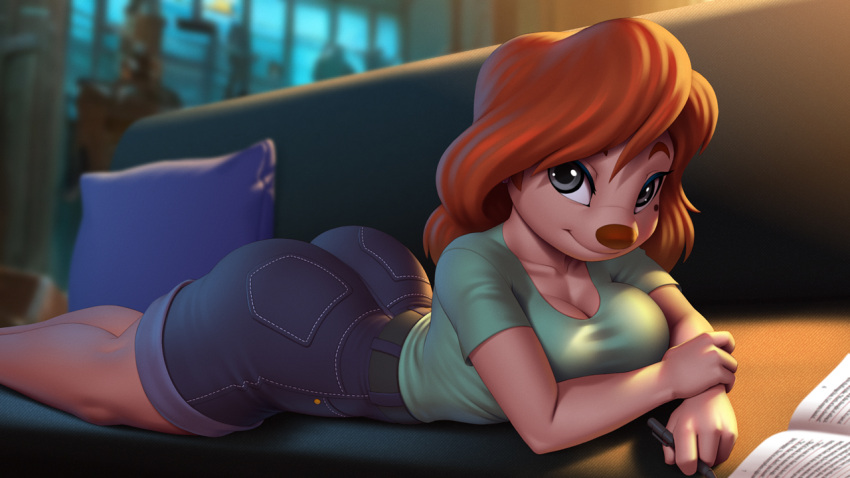 16:9 2023 anthro big_breasts big_butt breasts butt canid canine canis clothed clothing digital_media_(artwork) disney domestic_dog eyelashes female furniture goof_troop grey_eyes hair huge_butt looking_at_viewer lying mammal on_front on_sofa pak009 red_hair roxanne_(goof_troop) sofa solo thick_thighs widescreen