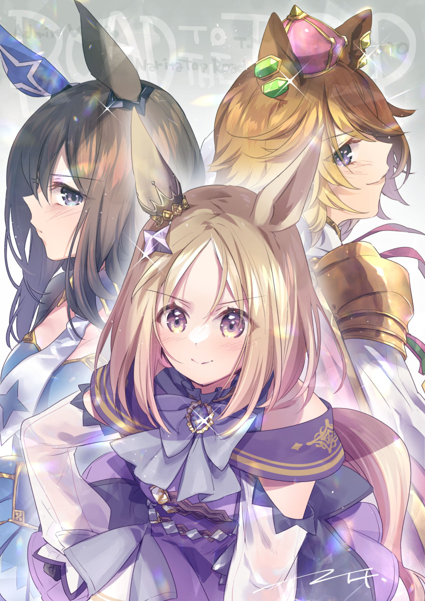 &gt;:) 3girls admire_vega_(umamusume) animal_ears bare_shoulders blonde_hair blue_dress blue_eyes blush brown_hair commentary_request crown dress ech forehead grey_necktie hair_over_one_eye highres horse_ears jacket mini_crown multiple_girls narita_top_road_(umamusume) necktie parted_bangs purple_dress purple_eyes signature t.m._opera_o_(umamusume) umamusume umamusume:_road_to_the_top v-shaped_eyebrows white_jacket