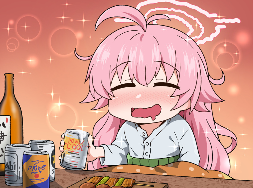 1girl antenna_hair beer_can blue_archive buttons can closed_eyes devil_yanghyeok drunk food halo highres holding holding_can hoshino_(blue_archive) long_hair long_sleeves open_mouth pink_hair pink_halo solo yakitori