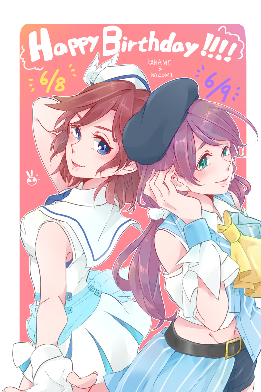 2girls ascot belt beret black_belt blue_eyes blue_headwear blue_skirt blush border character_name clothing_cutout commentary cowboy_shot fingerless_gloves gloves green_eyes hair_tucking happy_birthday hat hat_feather highres idol idol_clothes kaname_buccaneer kashikaze long_hair looking_at_viewer love_live! love_live!_school_idol_project low_twintails macross macross_delta midriff multiple_girls open_mouth outline outside_border parted_lips pleated_skirt purple_hair red_hair sailor_collar shirt short_hair shoulder_cutout skirt sleeveless sleeveless_shirt toujou_nozomi twintails white_border white_gloves white_headdress white_outline white_sailor_collar white_shirt yellow_ascot