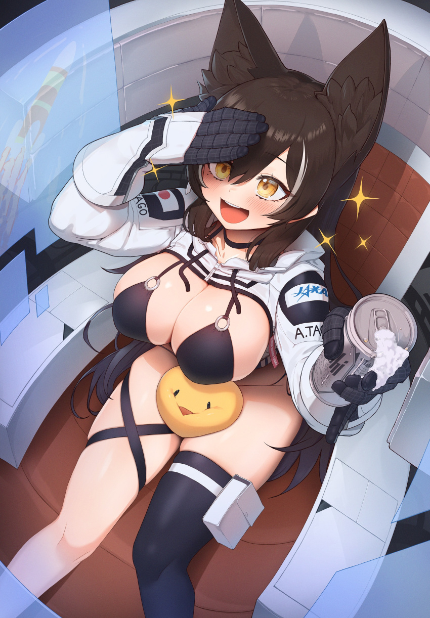 1girl absurdres alcohol animal_ear_fluff animal_ears atago_(azur_lane) azur_lane beer beer_can between_thighs bikini black_bikini black_choker black_hair breasts can choker commission extra_ears gloves green_eyes hand_up highres holding holding_can jacket japanese_flag jaxa keureu_(tiqkdtiqkd10) large_breasts long_hair manjuu_(azur_lane) mole mole_under_eye open_mouth rocket shrug_(clothing) single_thighhigh sitting smile sparkle swimsuit thigh_pouch thighhighs white_jacket