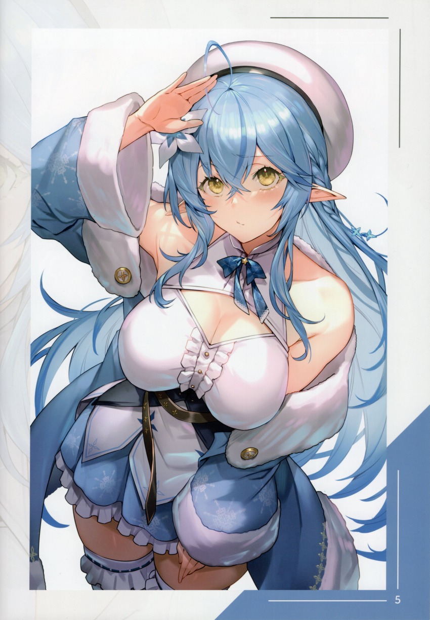 1girl absurdres ahoge bare_shoulders belt beret blue_hair braid breasts buttons cleavage closed_mouth detached_sleeves elf frilled_skirt frills hair_ornament hand_up hat highres hololive kakage long_hair long_sleeves looking_at_viewer medium_breasts off_shoulder open_clothes page_number pleated_skirt pointy_ears ribbon scan simple_background skirt smile snowflake_print thighhighs thighs virtual_youtuber wide_sleeves yellow_eyes yukihana_lamy zettai_ryouiki