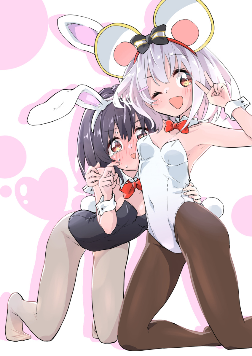 2girls ;d animal_ears black_hair black_leotard blush bow bow_hairband bowtie brown_pantyhose crying crying_with_eyes_open cuff_links detached_collar drop_shadow dual_persona face_to_breasts fake_animal_ears fake_tail granblue_fantasy grey_pantyhose hair_between_eyes hairband hamioura hand_on_another's_shoulder hand_on_another's_waist heart heart_background highres leotard looking_at_viewer medium_hair mouse_ears multiple_girls no_shoes nose_blush one_eye_closed pantyhose playboy_bunny rabbit_ears rabbit_tail red_bow red_bowtie smile strapless strapless_leotard tail tears two-tone_background v vikala_(granblue_fantasy) white_background white_hair white_leotard wrist_cuffs